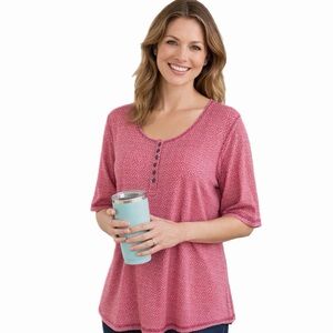 Aventura dark & light pink short sleeve Henley style top with 6 buttons Size XL
